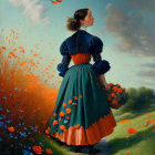 Vintage-dressed woman gazes at stormy twilight landscape with cozy cottages in vibrant nature