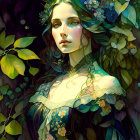 Vibrant blue and green flora adorn mystical woman with intricate patterns.