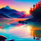 Multicolored stylized trees, reflective lake, geometric mountains under twilight sky