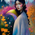 Surreal portrait of woman with dark hair and colorful eye surrounded by flowers