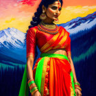 Vibrant traditional dress woman illustration with mountain backdrop