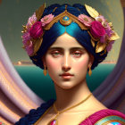 Fantasy illustration of woman with blue skin and flower headpiece holding shield