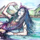 Mermaid with Blue Hair in River Scene with Mountains and Flying Fish