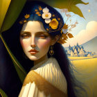 Digital painting of woman with blue hair and flowers, gazing from behind a leaf in pastoral village.