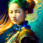 Fantasy illustration: Woman with green hair, floral collar, moon bindi, vibrant colors.