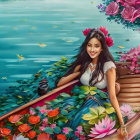 Woman with floral wreath in boat surrounded by ships and flowers