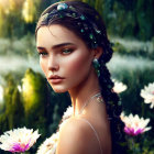 Woman in ornate jewelry and floral dress amid lush greenery and water lilies.