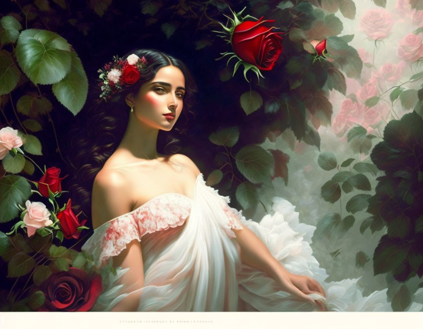 Woman in white dress surrounded by blooming roses