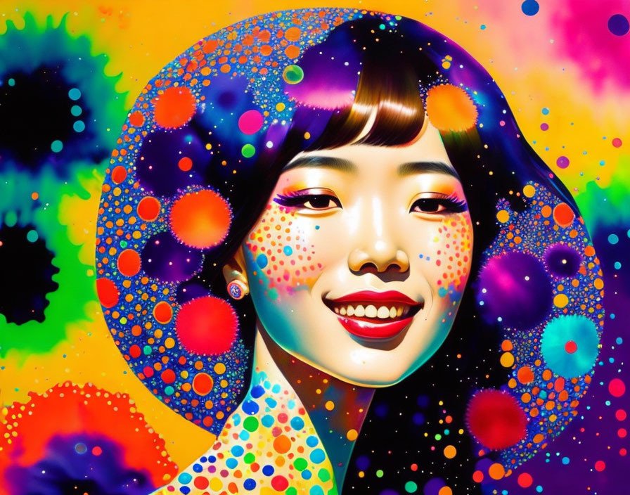 Colorful Asian woman portrait with intricate psychedelic patterns