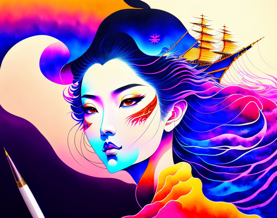 Colorful illustration of woman with blue skin and flowing hair, holding paintbrush against sunset backdrop