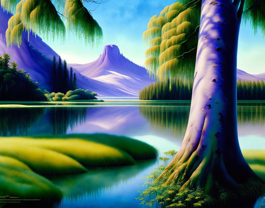 Serene lake, lush greenery, weeping willows, and majestic mountain landscape