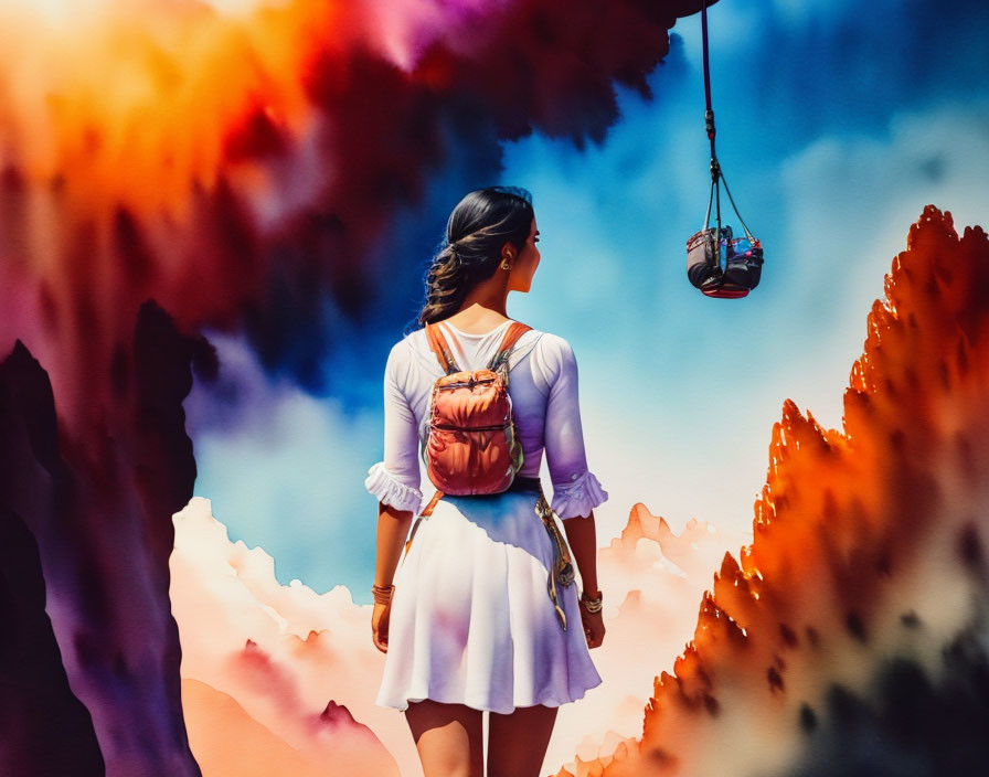 Woman with Pink Backpack Observing Colorful Sky and Cable Car in Surreal Cloudscape