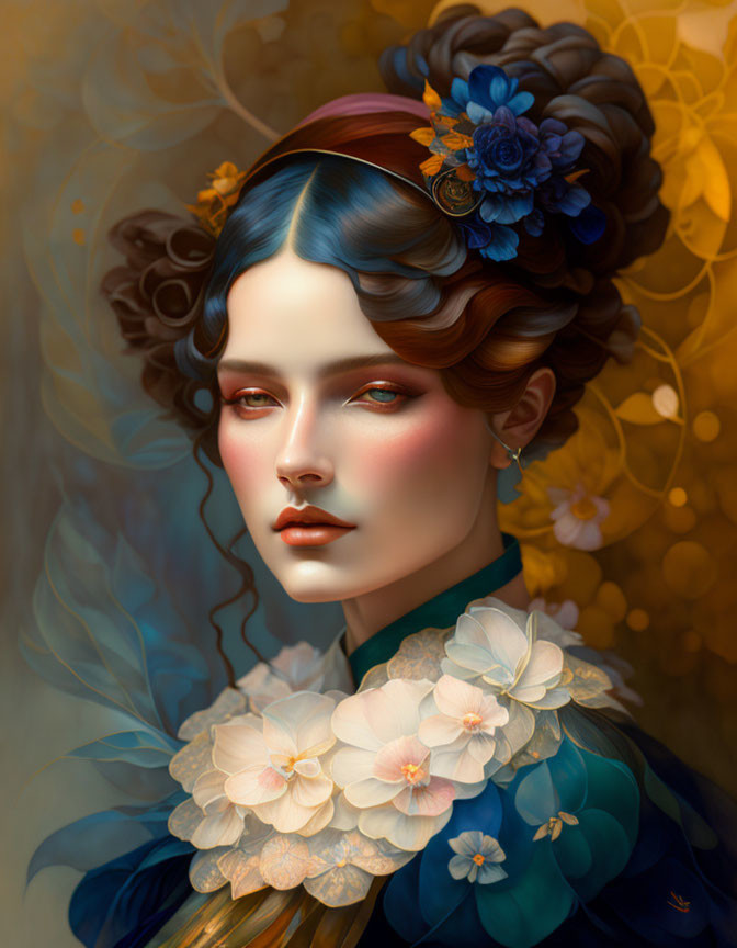 Victorian-style portrait of woman with intricate blue floral hairstyles on golden backdrop