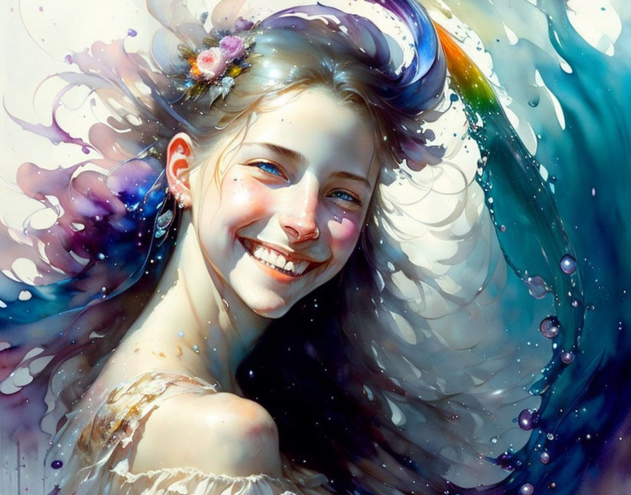 Joyful young woman with radiant smile in vibrant watercolor and floral setting