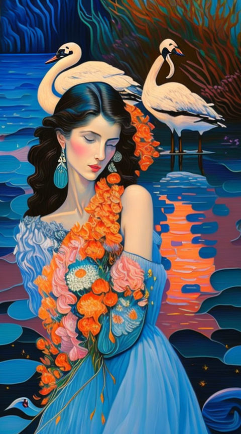 Red-haired woman with orange flowers, swans, and starry sky in vibrant painting