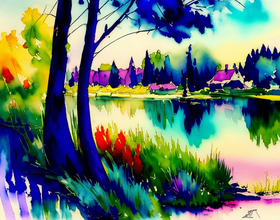 Colorful Watercolor Landscape of Lakeside Village