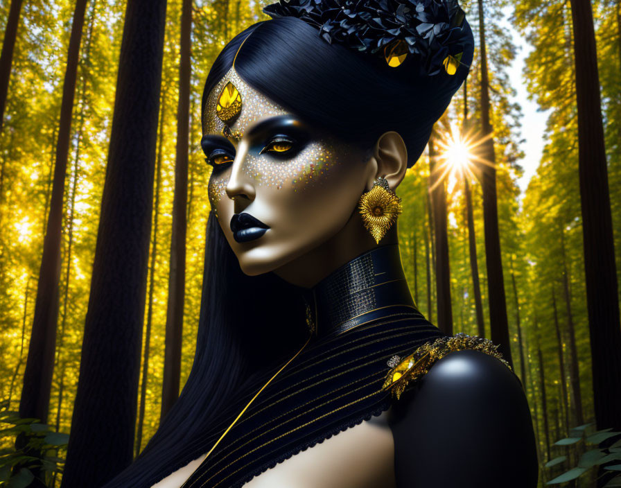 Digital artwork: Woman with dark hair and golden makeup in autumn forest