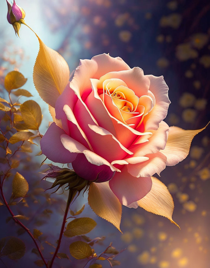 Colorful rose with pink and yellow hues on dreamy background