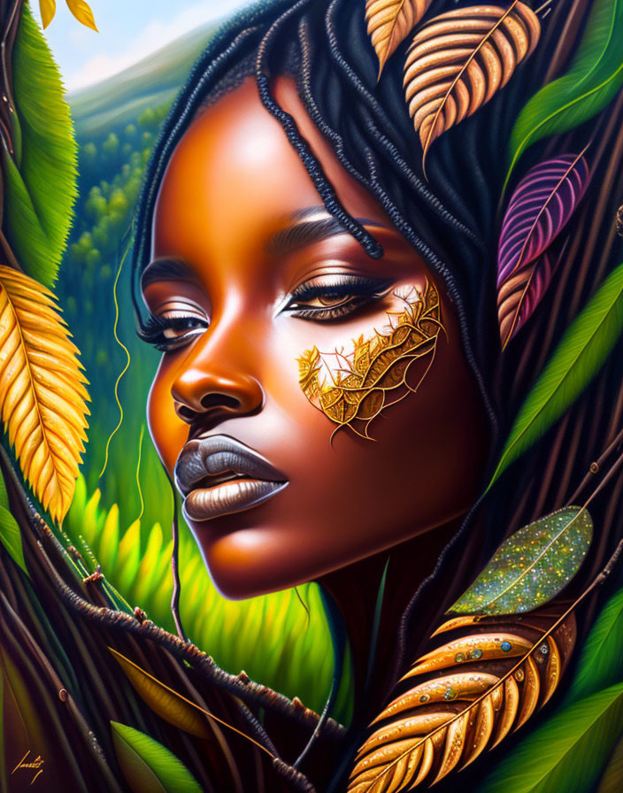 Portrait of woman with deep skin tone and braids, adorned with leaf-like patterns against lush foliage.