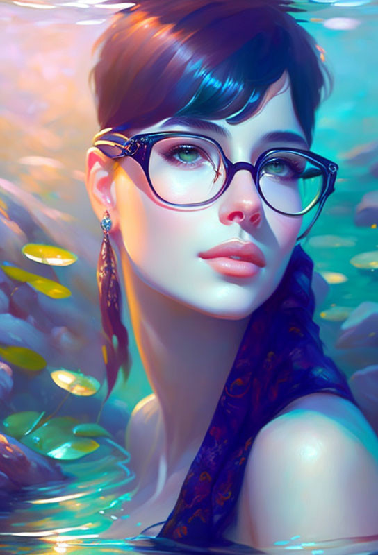 Digital Artwork: Woman with Short Hair, Glasses, Earring, Yellow Fish, Water Tones