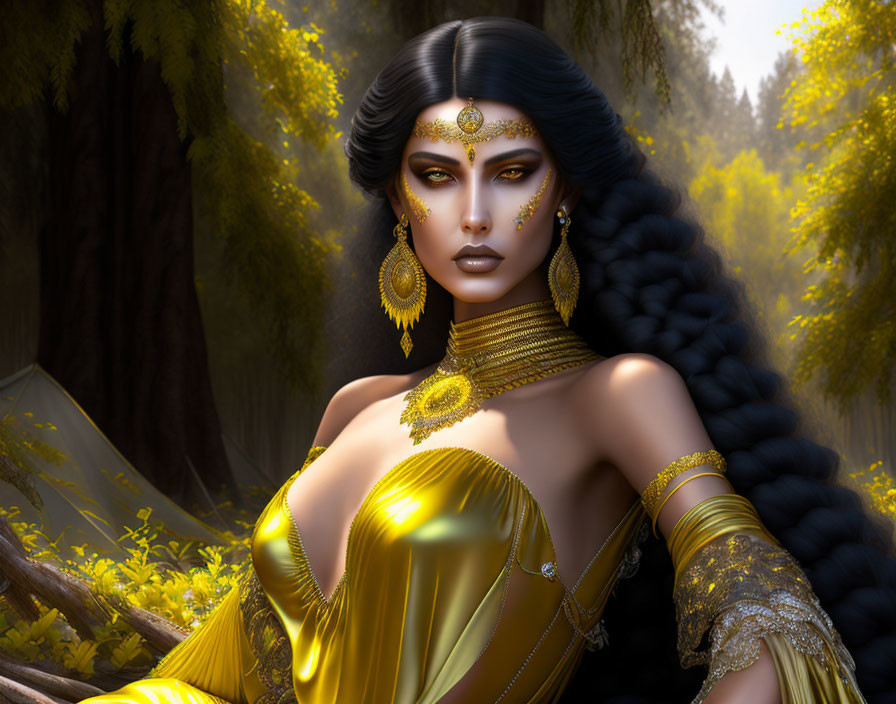 Illustration of woman with black hair, gold jewelry, yellow dress in mystical forest