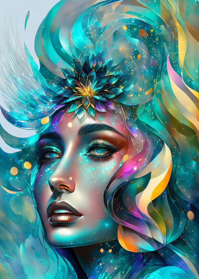 Colorful digital artwork: Woman with teal and gold ethereal headdress and swirling patterns.