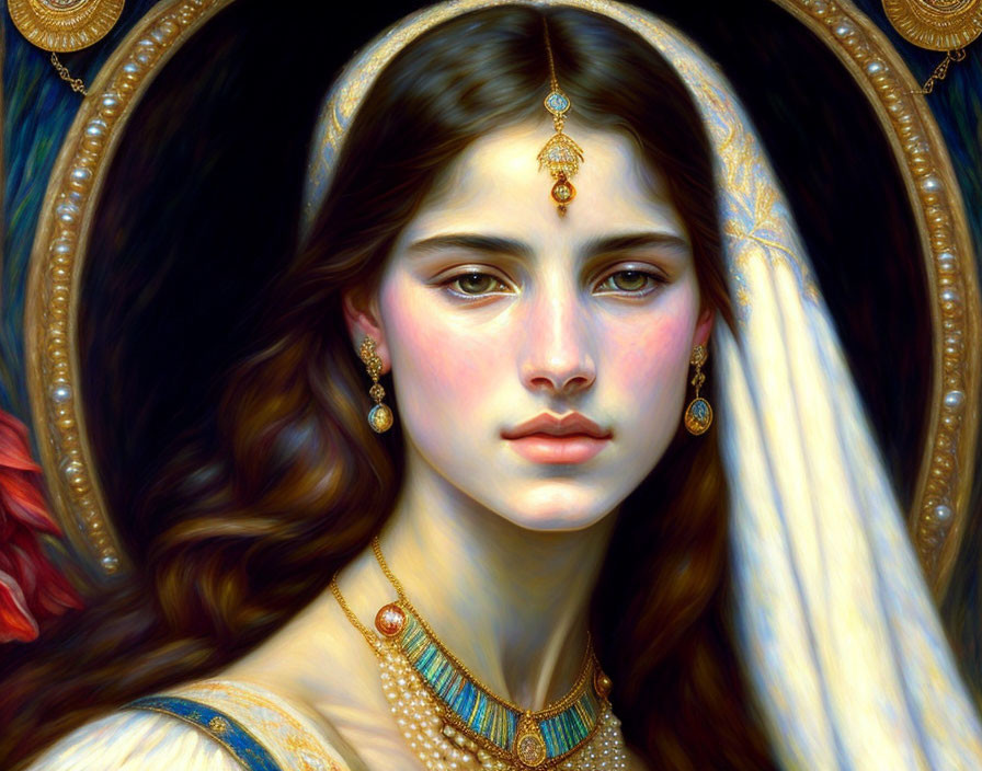 Detailed portrait of a woman with ornate jewelry and serene expression