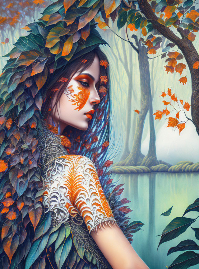 Surreal portrait of woman with feathers and leaves in serene environment