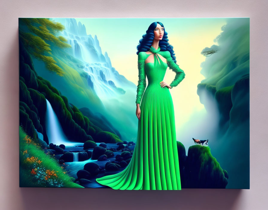 Illustration of woman in green dress by waterfall with dog