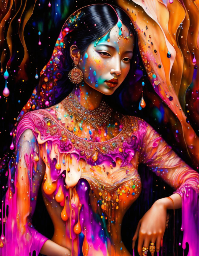 Colorful artwork of a woman in traditional attire with surreal liquid effects