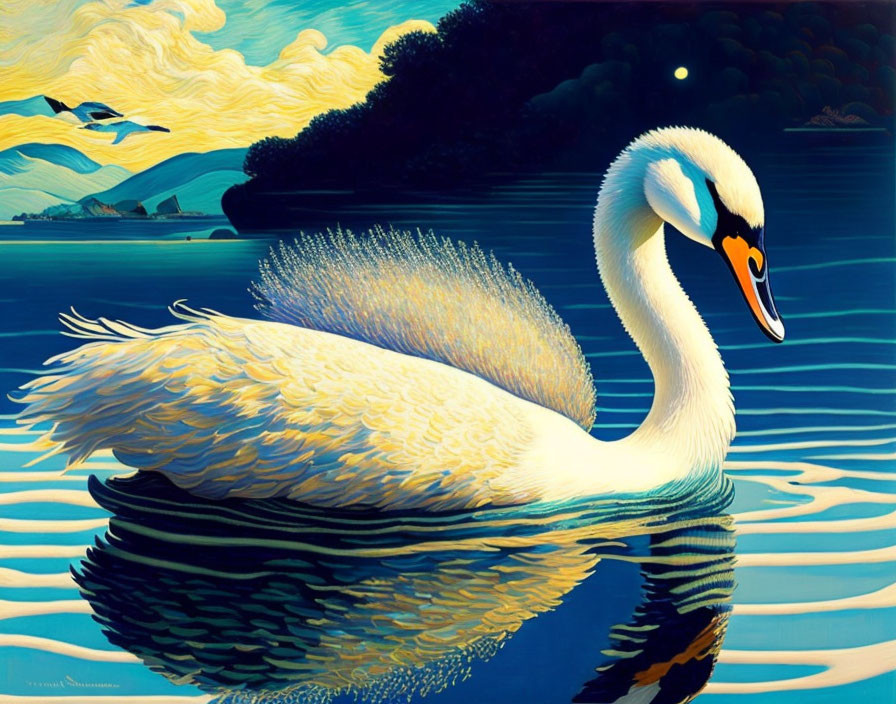 Swan painting with vibrant blues and yellows on water landscape