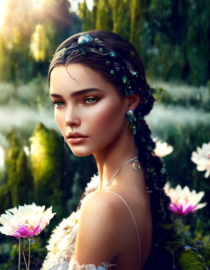 Woman portrait with gemstone hair accessories in lush greenery.