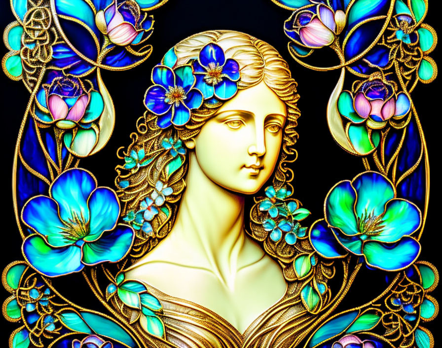 Colorful stained glass-style woman with blue floral hair and intricate floral patterns