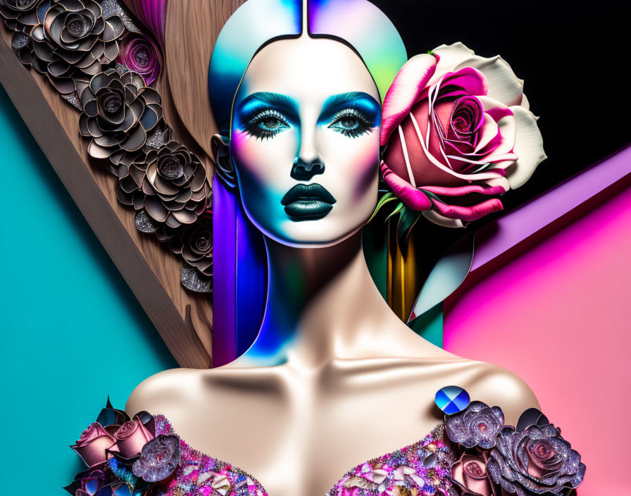 Vivid blue mannequin with floral details in colorful surreal artwork