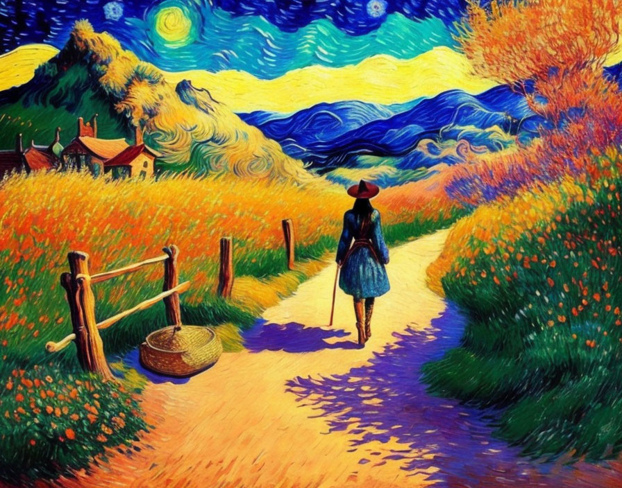 Person in Blue Dress Walking on Vibrant Country Path