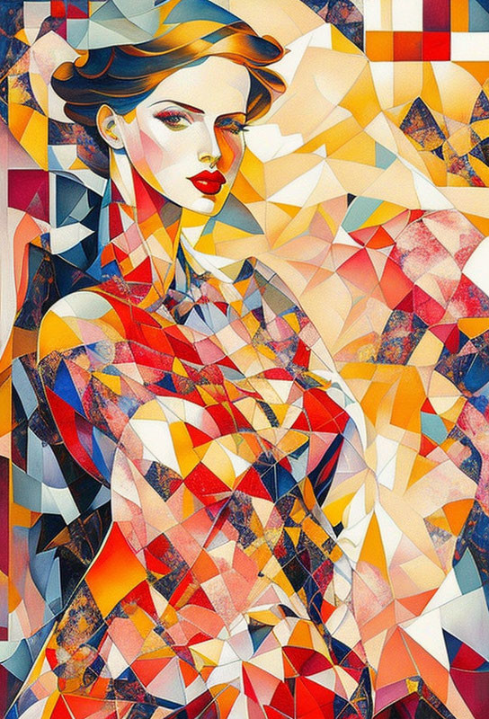 Vibrant geometric abstract portrait of a woman with red lips