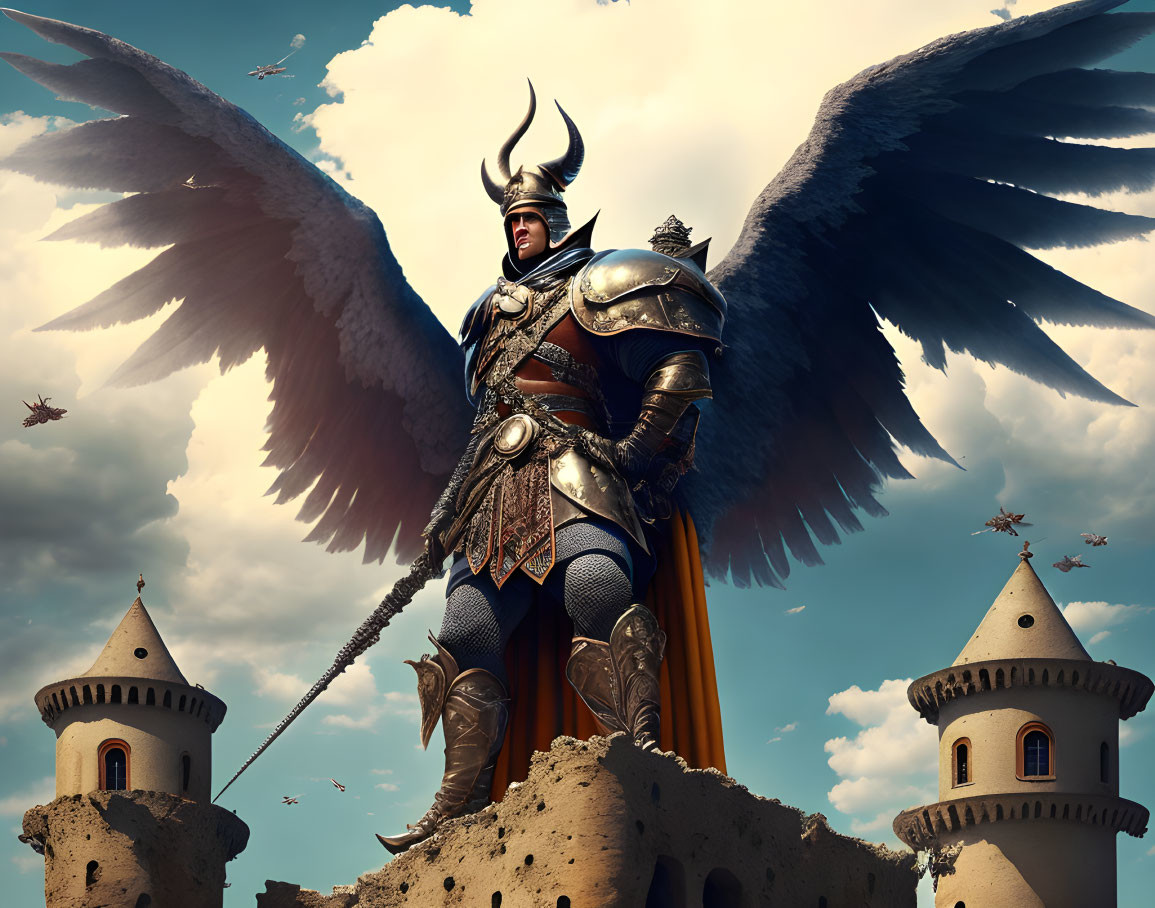 Armored warrior with wings holding a spear near castle turrets under cloudy sky