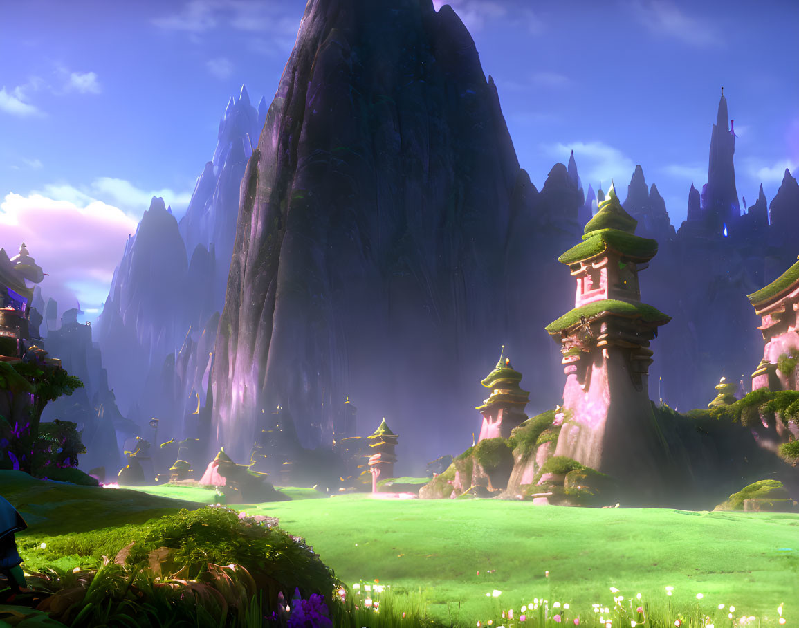 Mystical landscape with towering mountains and ancient pagoda-like structures