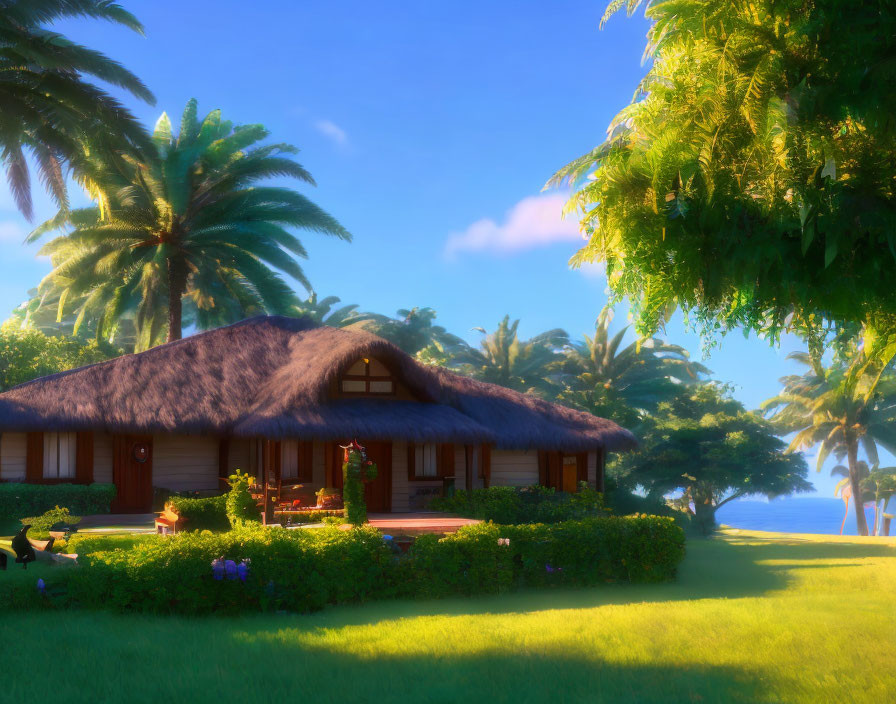 Thatched-Roof Bungalow in Tropical Setting