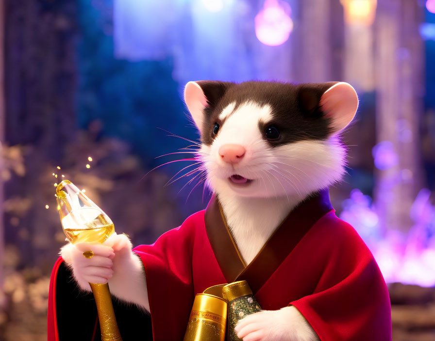 Anthropomorphic ferret in red robe with golden scepter on mystical purple backdrop