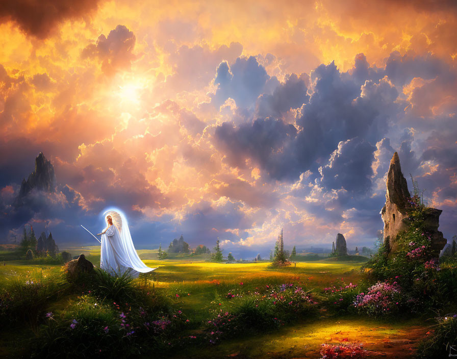 Majestic fantasy landscape with robed figure and vibrant flowers