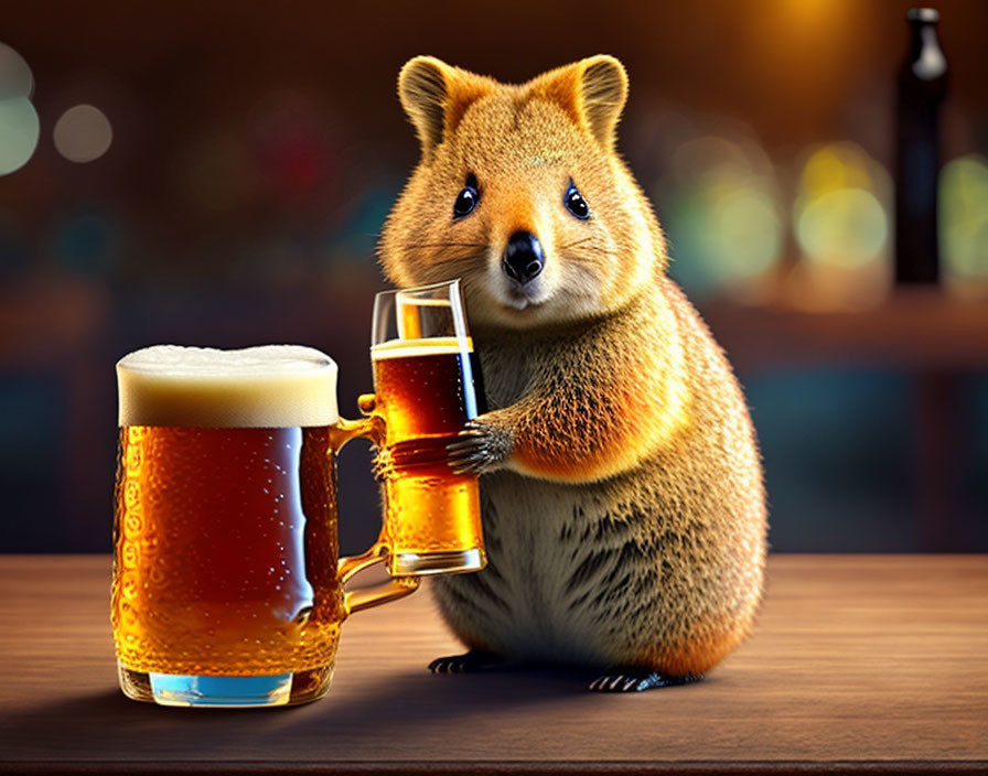 Quokka with Beer Mug and Glass in Bar Setting