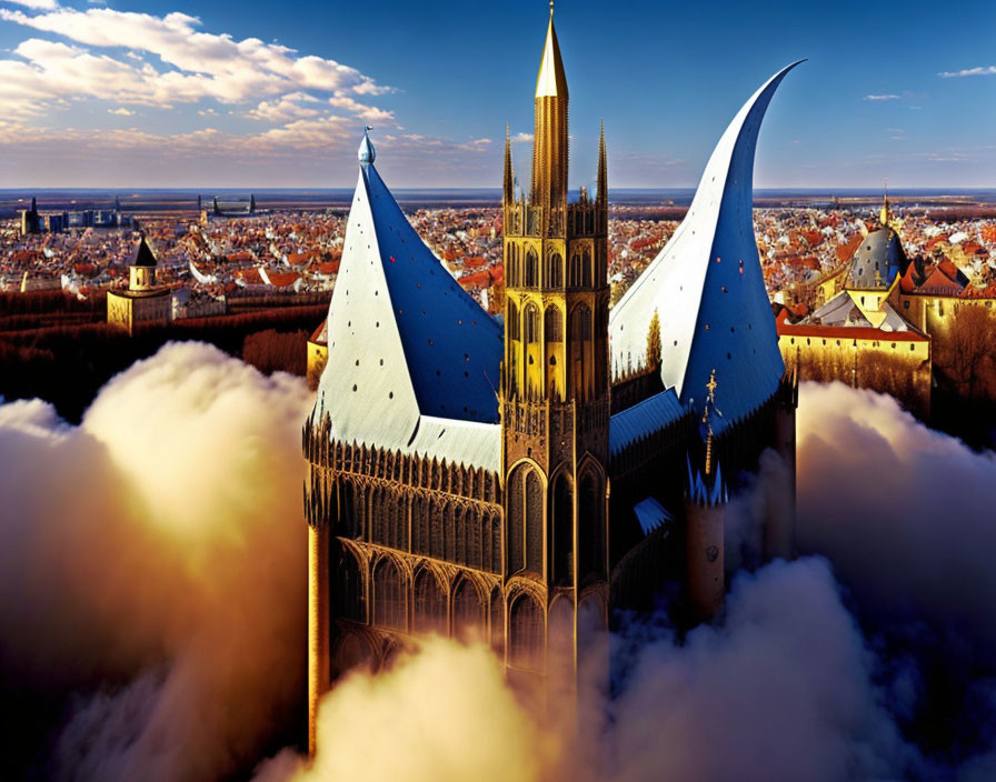 Gothic Cathedral with Blue Spires in Cityscape Skyline