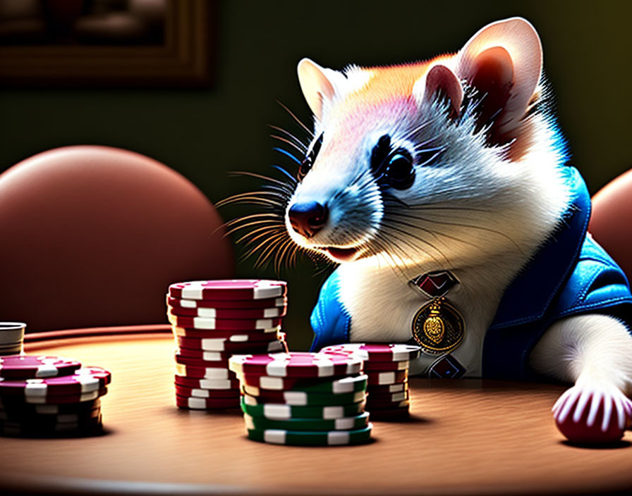 Anthropomorphic Hamster with Medal Playing Poker in Colorful Chip Setting