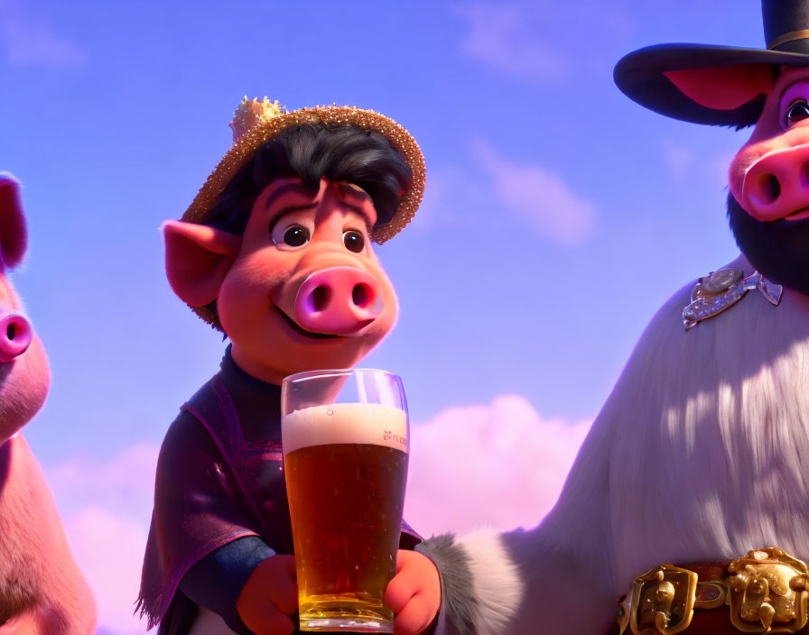 Cartoon pig in cowboy hat with beer, proud expression, next to another character under bright sky