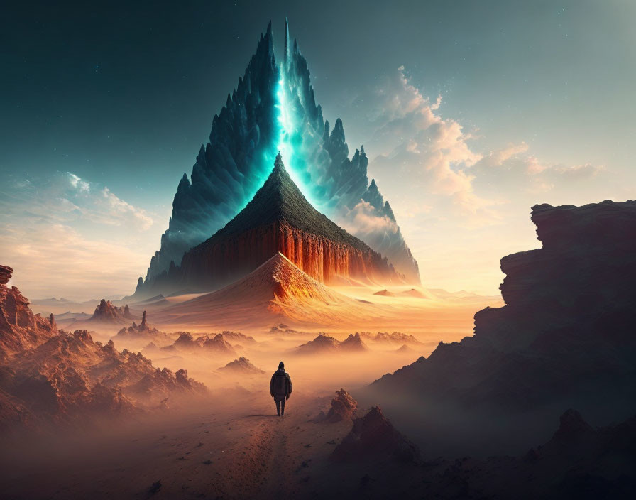 Person in front of glowing crystal mountain in surreal desert landscape