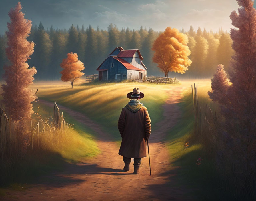 Person in coat and hat walking on dirt path towards barn amidst autumn trees at sunrise