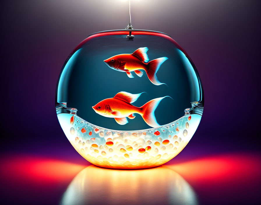 Vivid orange goldfish in spherical fishbowl with purple-orange backdrop