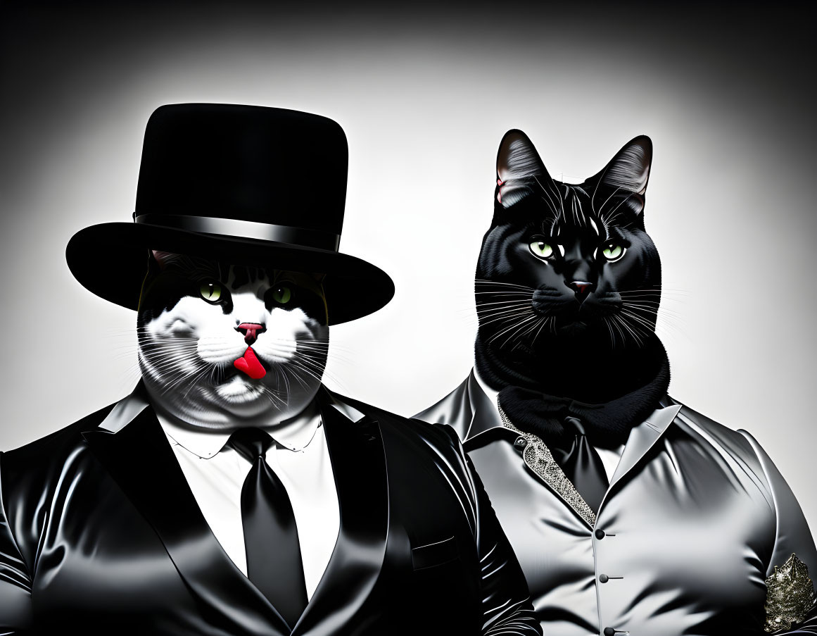 Anthropomorphized cats in formal attire on grey backdrop