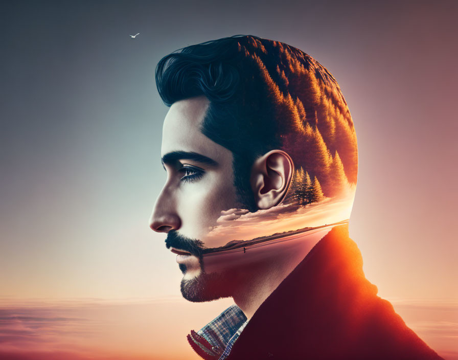 Man's portrait blends with sunset landscape and flying bird